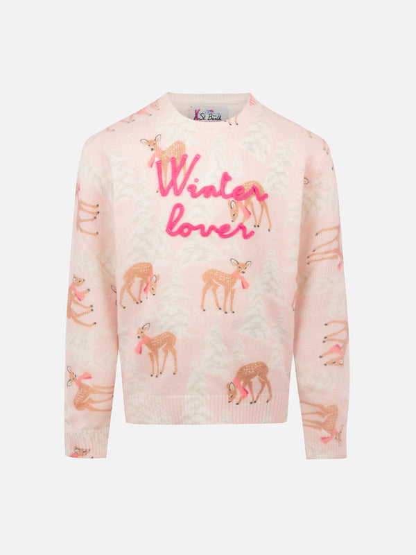 Girl pink crewneck sweater Princess with pines fawn print and Winter Lover embroidery