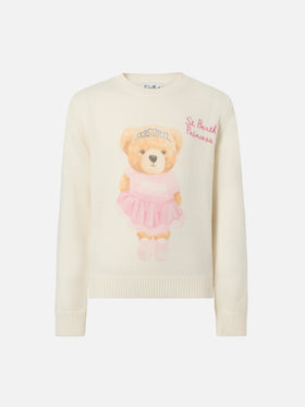Sweater Princess in cashmere blend with teddy bear print and embroidery