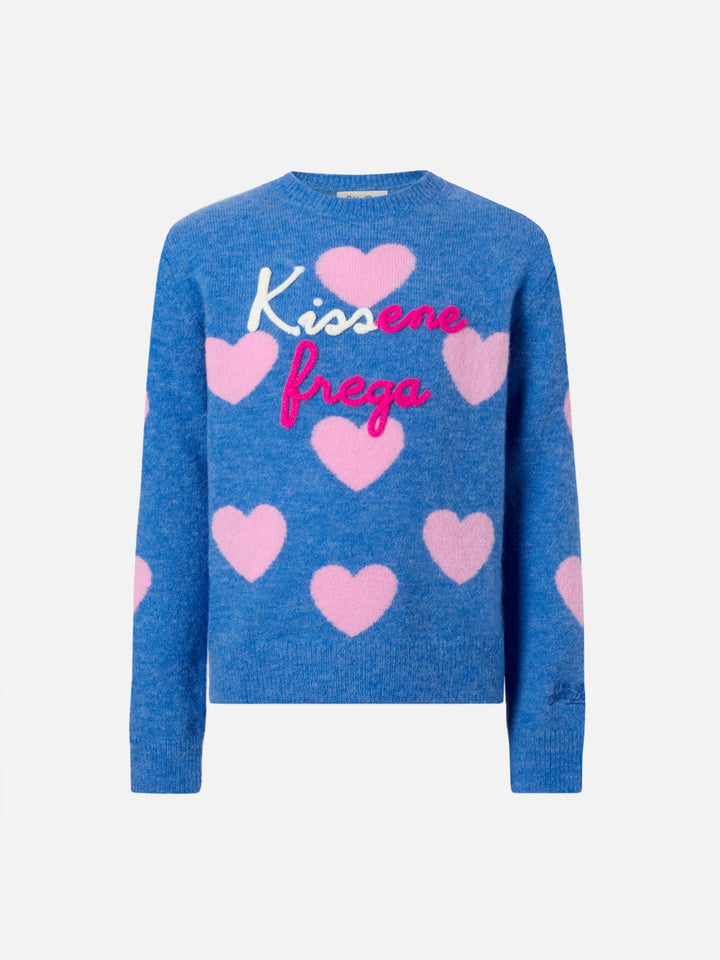 Princess stretch alpaca sweater with heart jacquard and Kissene frega embroidery