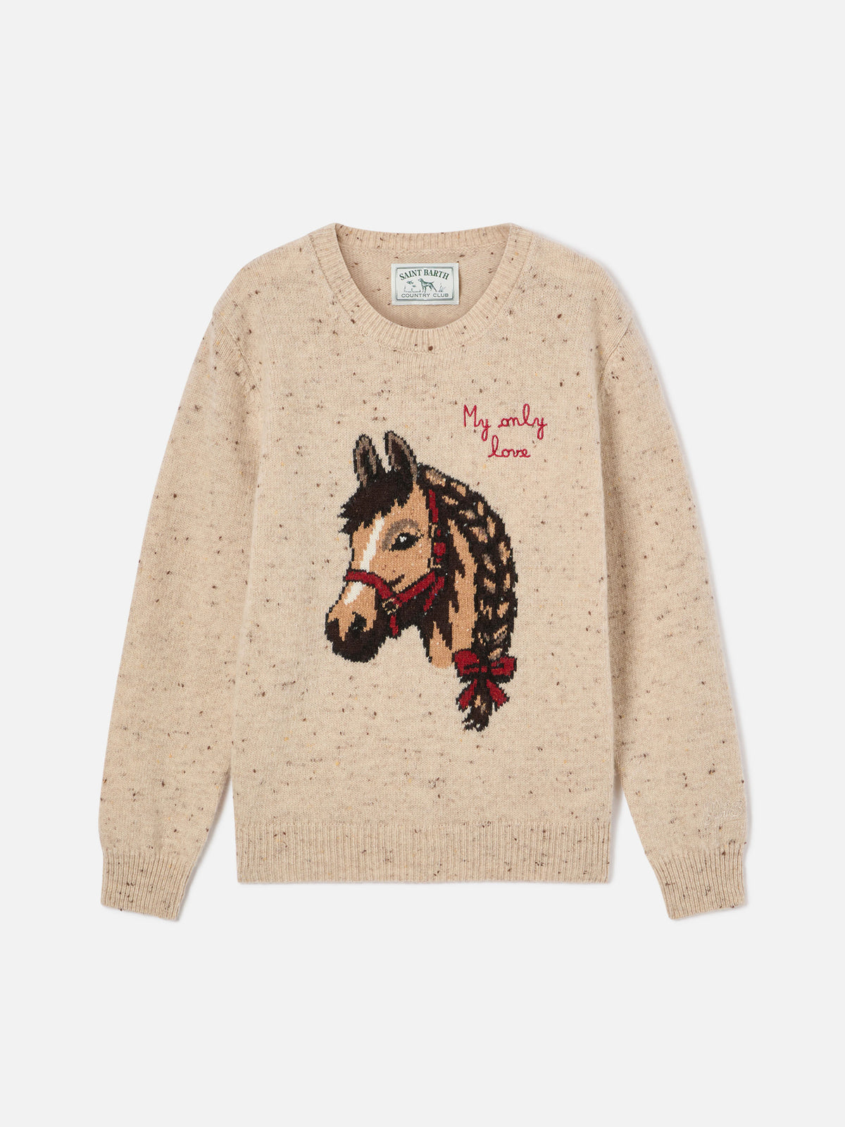 Beige Princess wool blend Donegal knit crewneck with horse intarsia and My Only Love embroidery
