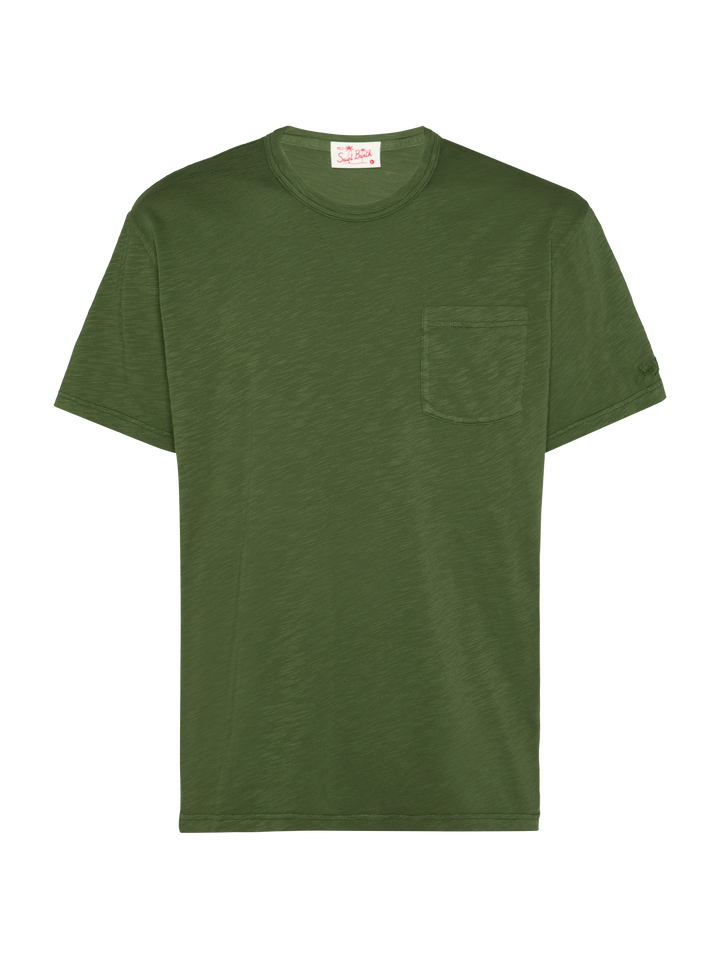Military green flamed cotton t-shirt President with embroidery - MC2 Saint Barth