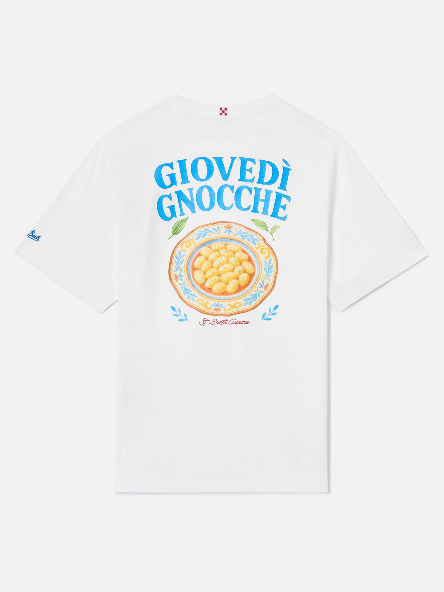 T-shirt Portland bianca con illustrazione Giovedì Gnocche