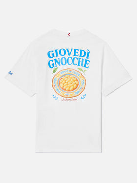 T-shirt Portland bianca con illustrazione Giovedì Gnocche