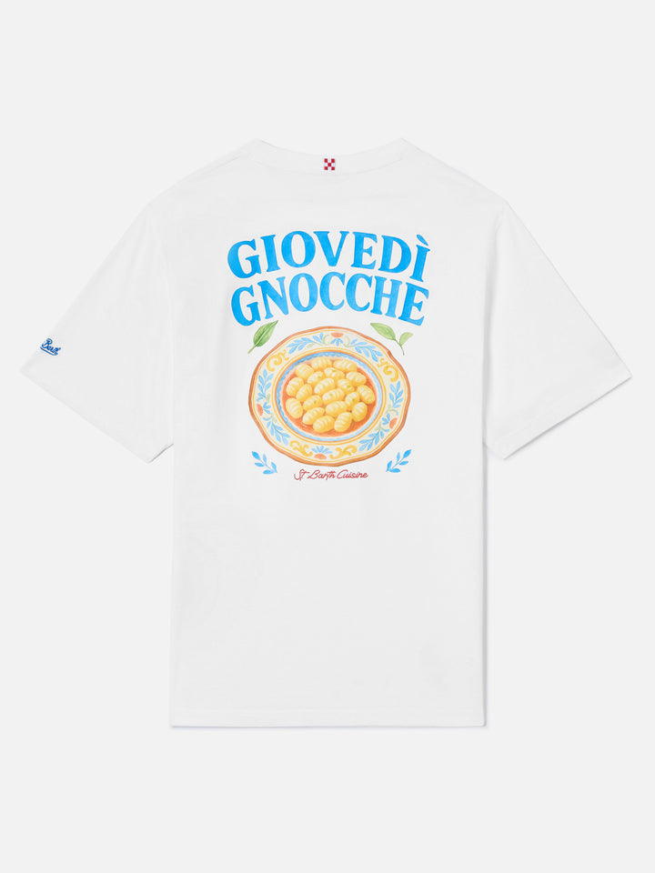T-shirt Portland bianca con illustrazione Giovedì Gnocche