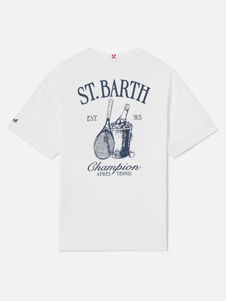 White Portland t-shirt with Après Tennis Champion illustration