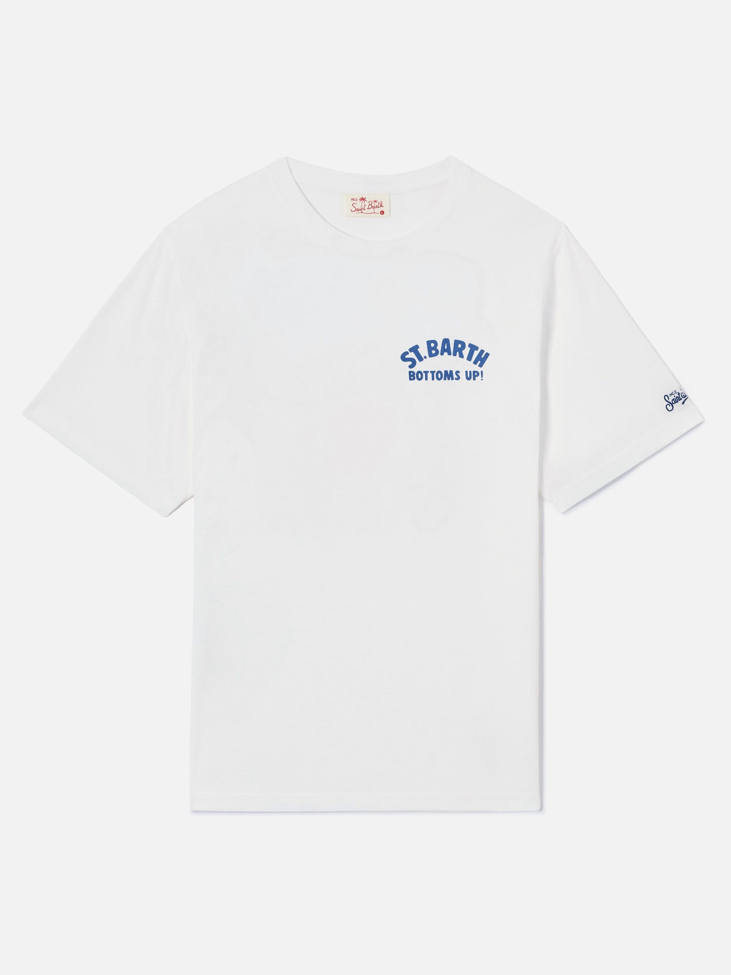 White Portland t-shirt with St. Barth Bottoms Up print