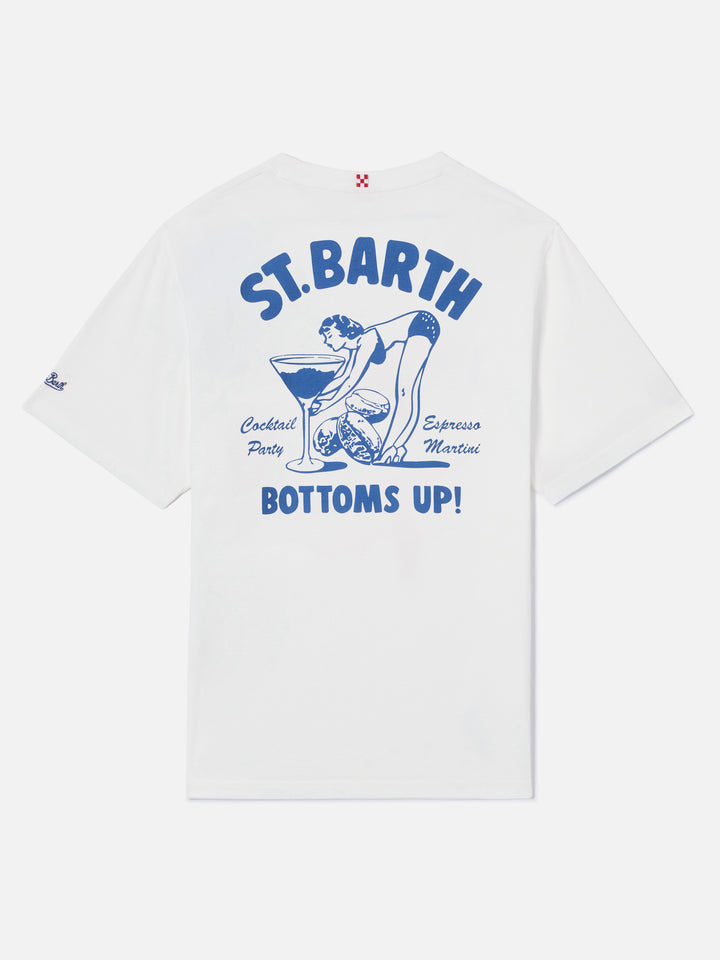 White Portland t-shirt with St. Barth Bottoms Up print