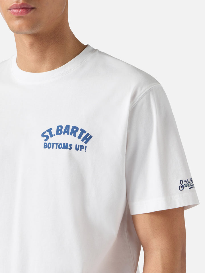 White Portland t-shirt with St. Barth Bottoms Up print