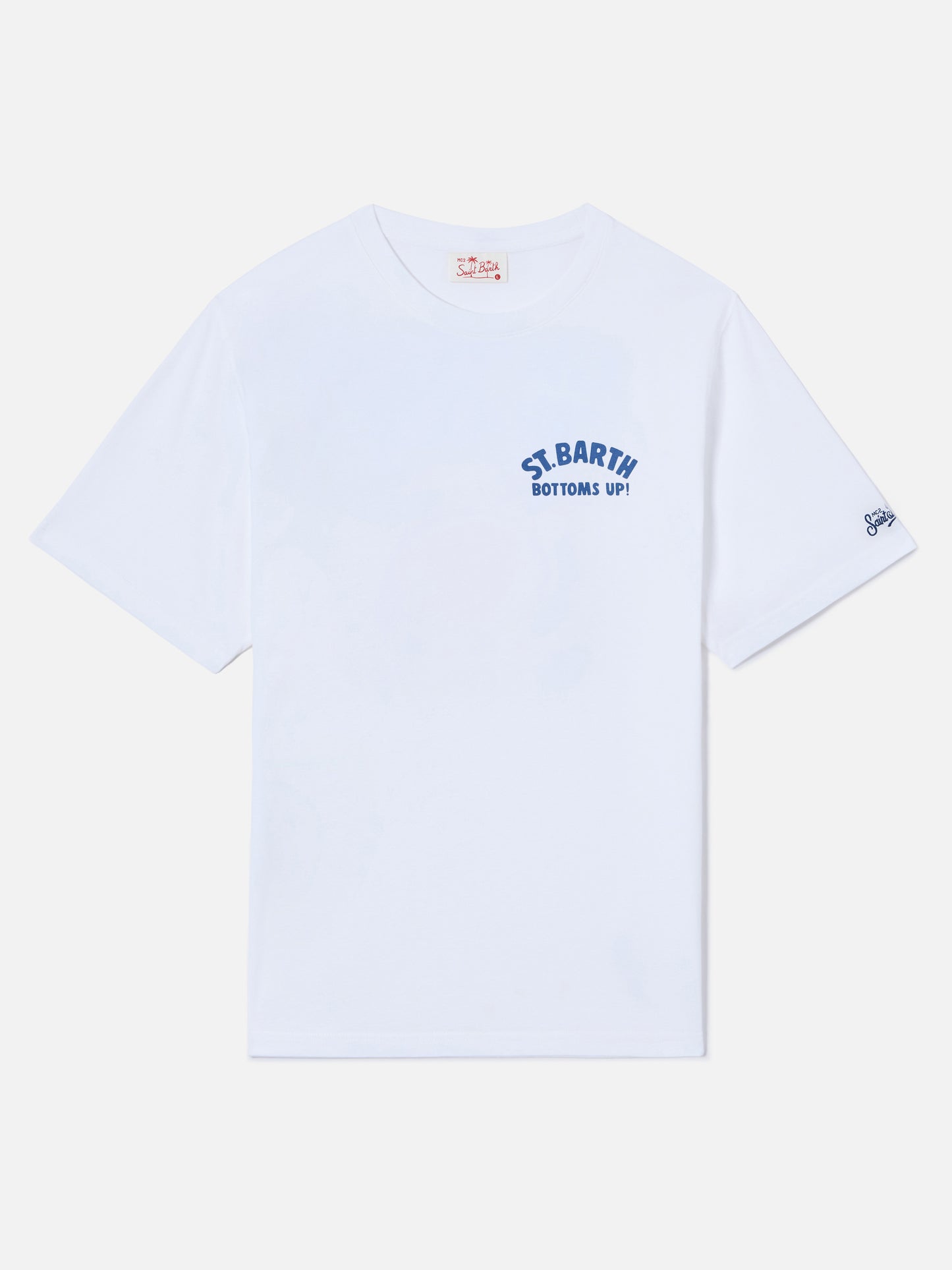 White Portland t-shirt with St. Barth Bottoms Up print