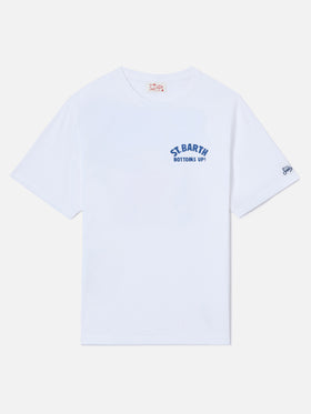 White Portland t-shirt with St. Barth Bottoms Up print