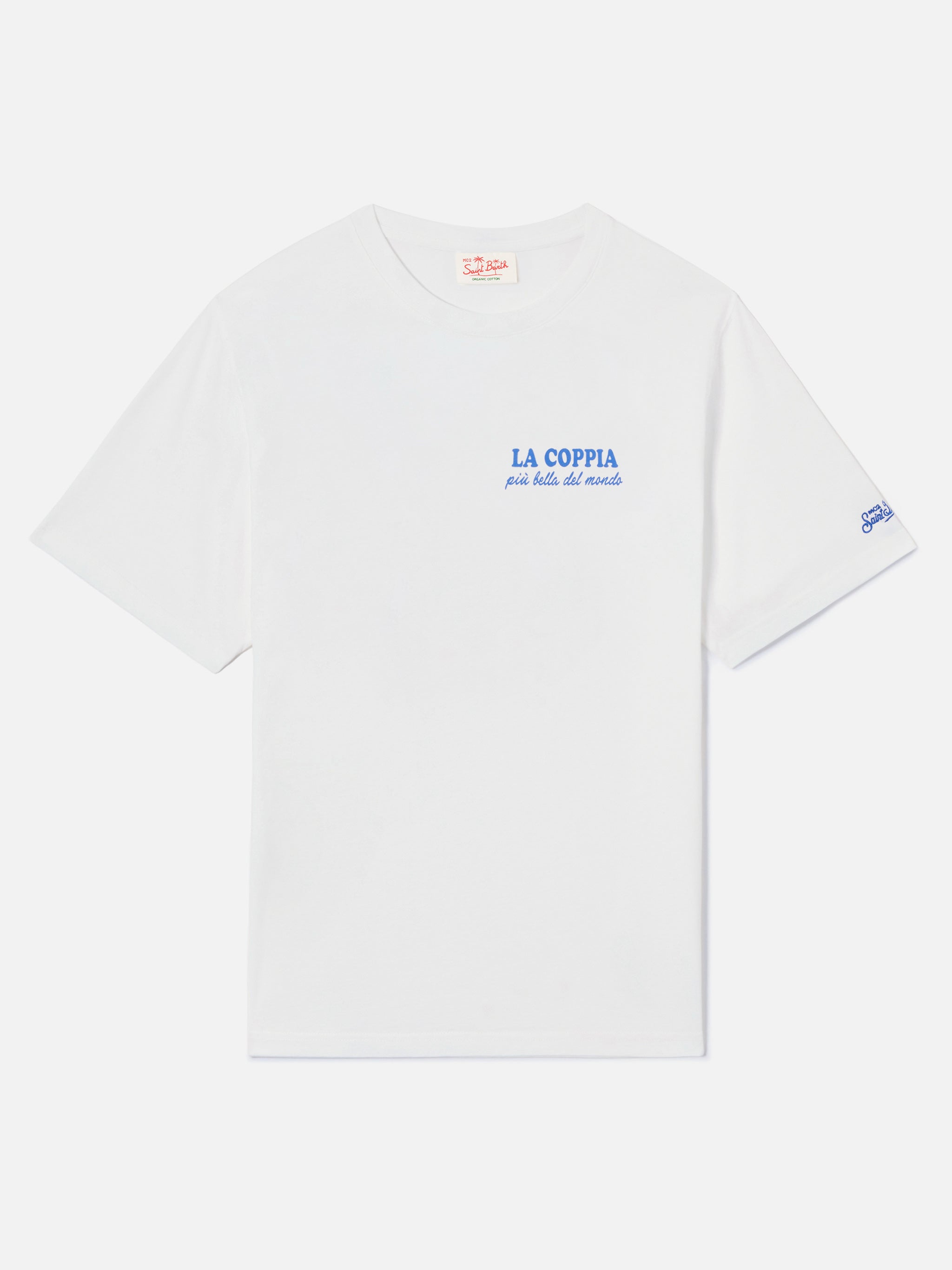 White Portland t-shirt with La coppia più bella del mondo print