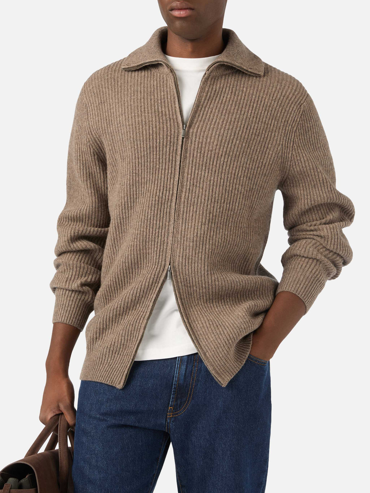 Cardigan Preston beige in lana con zip intera