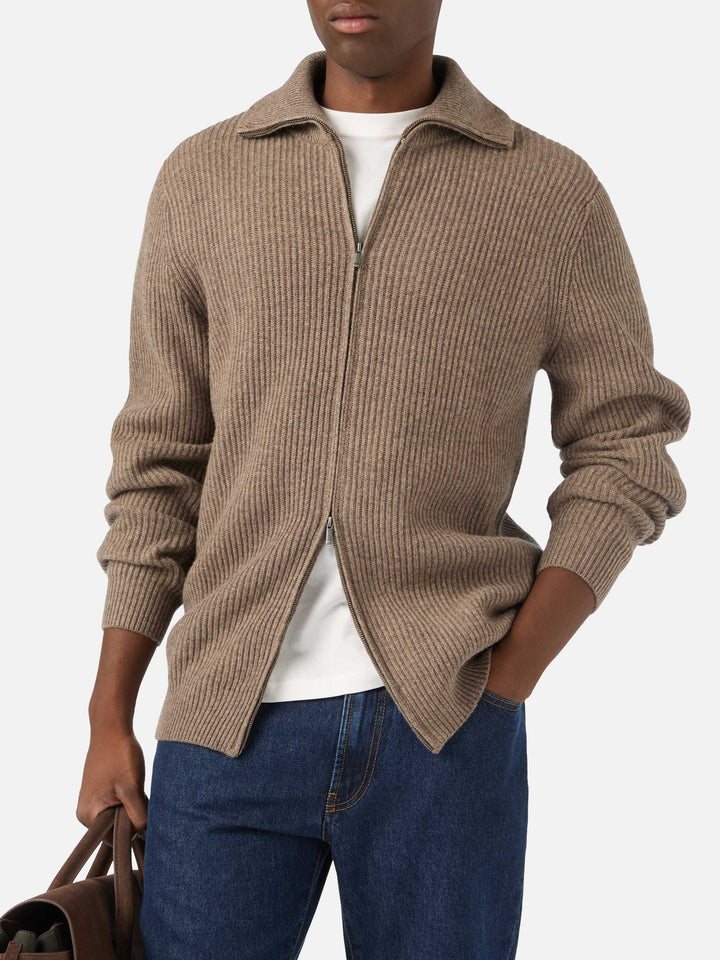 Cardigan Preston beige in lana con zip intera