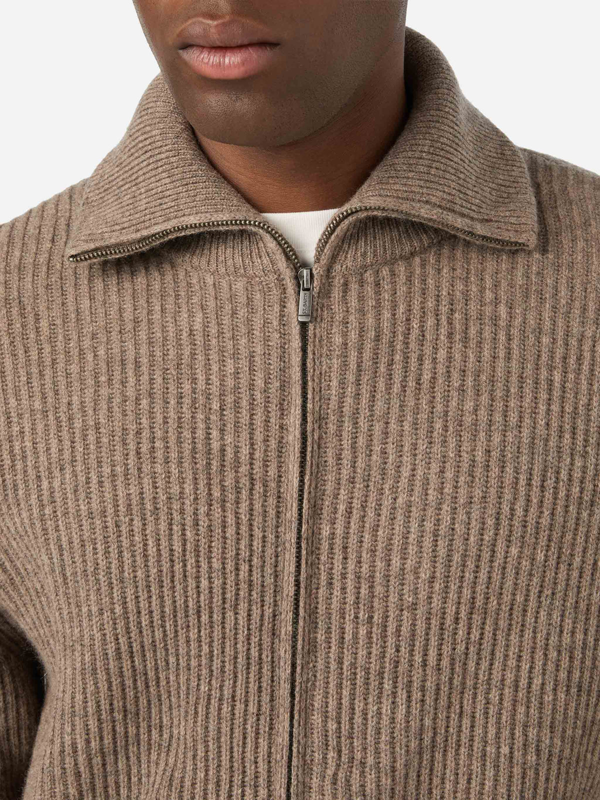 Cardigan Preston beige in lana con zip intera