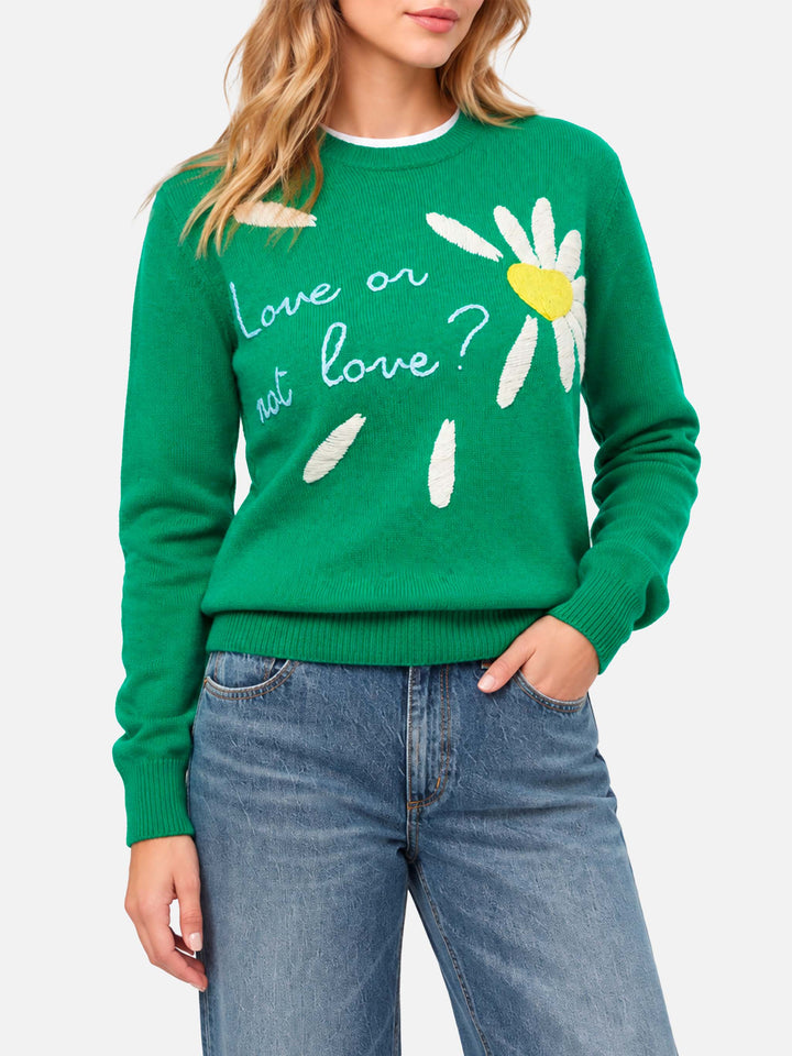 Maglia New Queen in filato spazzolato verde con ricamo Love or not