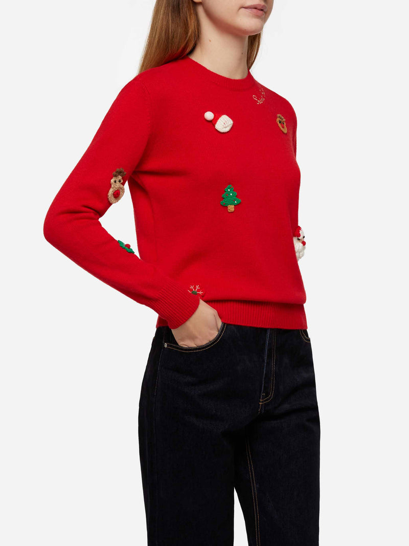 Woman brushed sweater with Dear Santa list embroidery