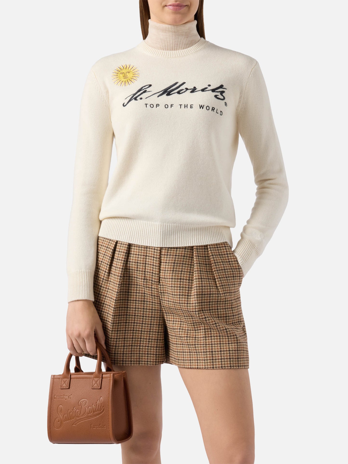 New Queen cashmere-blend sweater in white with St. Moritz embroidery | ST. MORITZ TOP OF THE WORLD SPECIAL EDITION