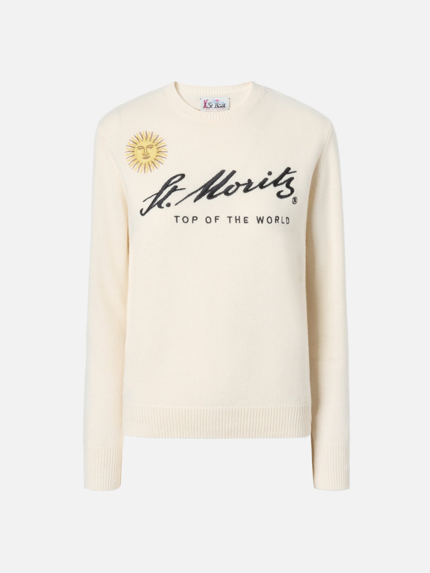 New Queen cashmere-blend sweater in white with St. Moritz embroidery | ST. MORITZ TOP OF THE WORLD SPECIAL EDITION