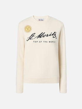 New Queen cashmere-blend sweater in white with St. Moritz embroidery | ST. MORITZ TOP OF THE WORLD SPECIAL EDITION
