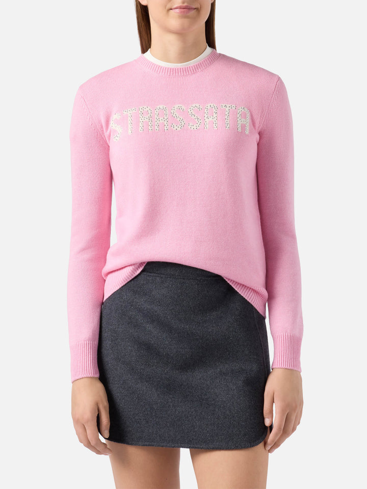 Maglione New Queen in misto cashmere rosa con applicazione in strass Strassata