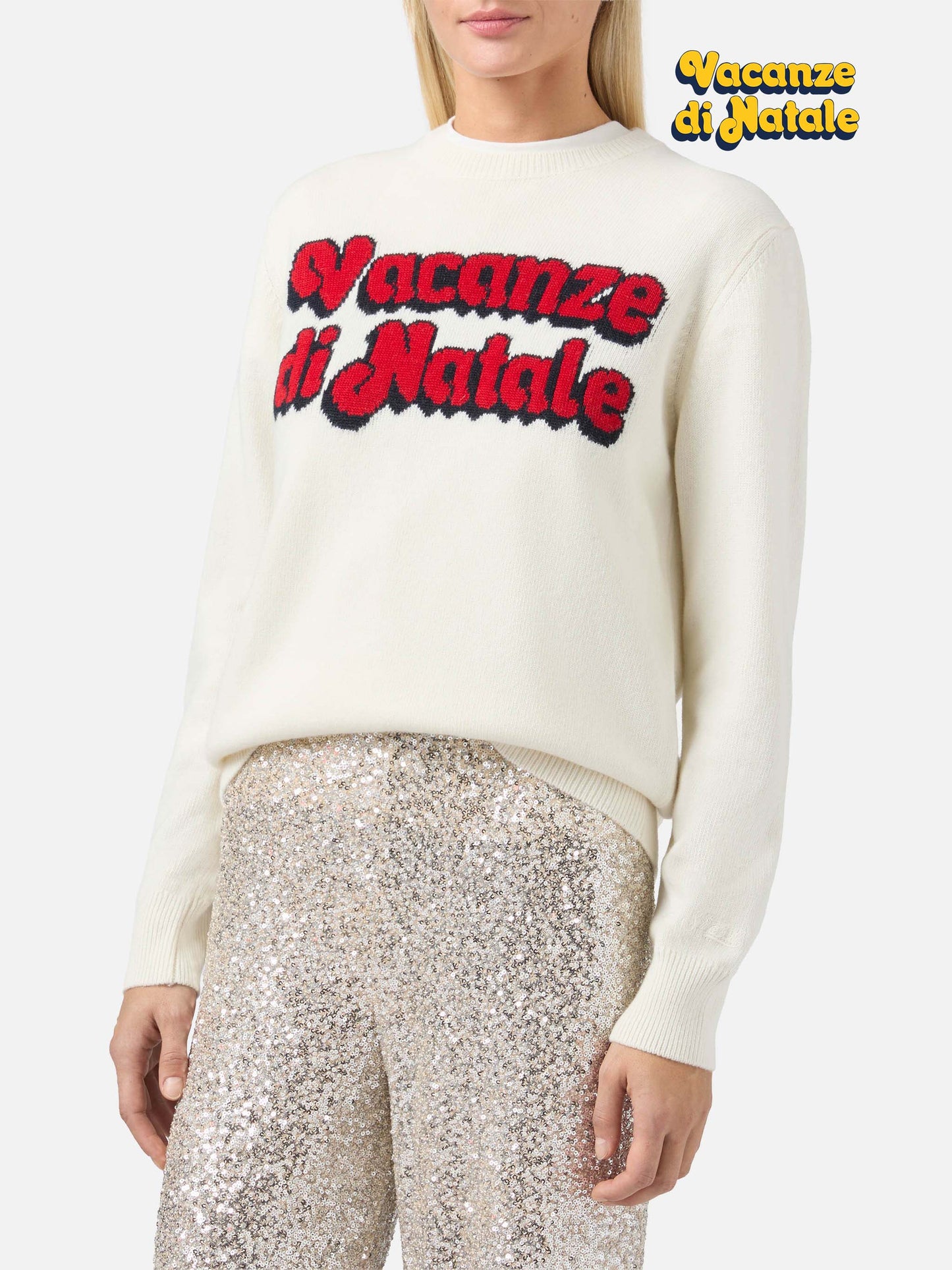 Maglione New Queen in misto cashmere bianco con jacquard Vacanze di Natale | VACANZE DI NATALE SPECIAL EDITION