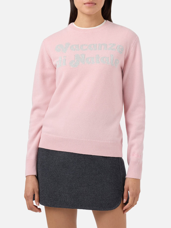 New Queen cashmere-blend sweater in pink with Vacanze di Natale lurex jacquard | VACANZE DI NATALE SPECIAL EDITION