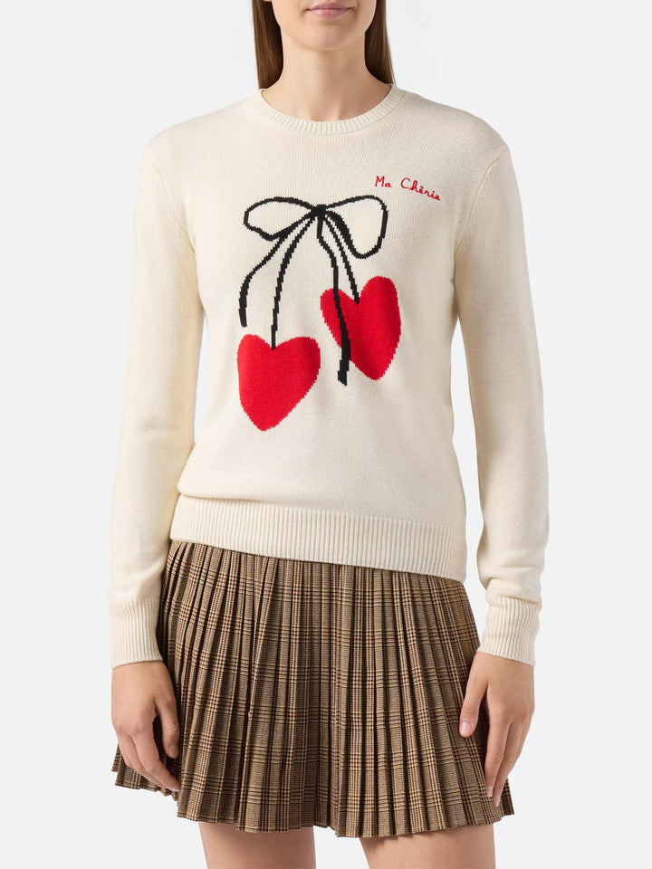 Maglione New Queen in misto cashmere bianco con ricamo Ma cherie