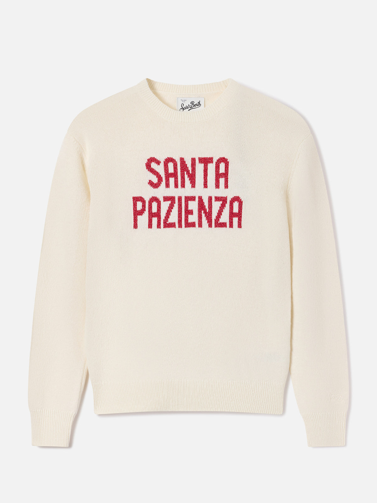 Jersey de punto con cuello redondo New Queen en blanco roto con bordado Santa Pazienza en lurex 