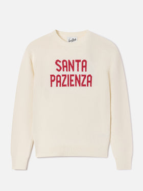 Jersey de punto con cuello redondo New Queen en blanco roto con bordado Santa Pazienza en lurex 