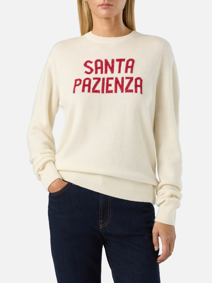 Off white Neuer Queen Rundhals-Strickpullover mit Santa Pazienza Lurex-Stickerei 