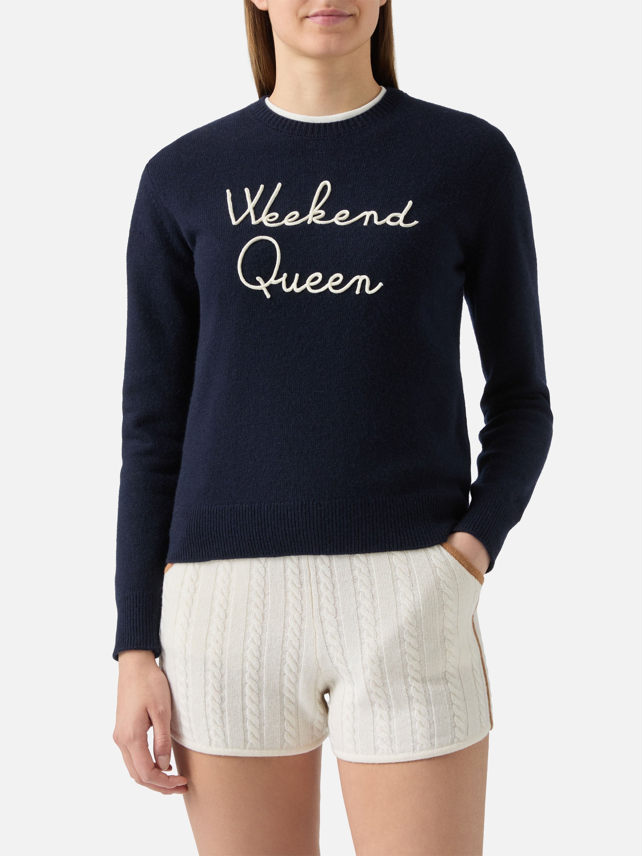 New Queen cashmere-blend sweater in blue with Weekend Queen