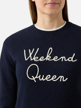 New Queen cashmere-blend sweater in blue with Weekend Queen embroidery