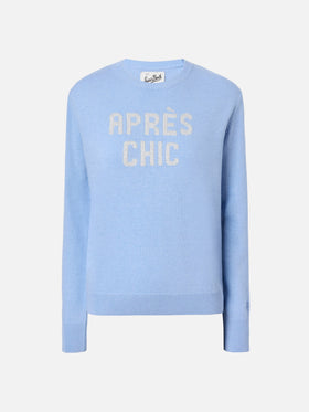 New Queen cashmere-blend sweater in light blue with Après Chic jacquard