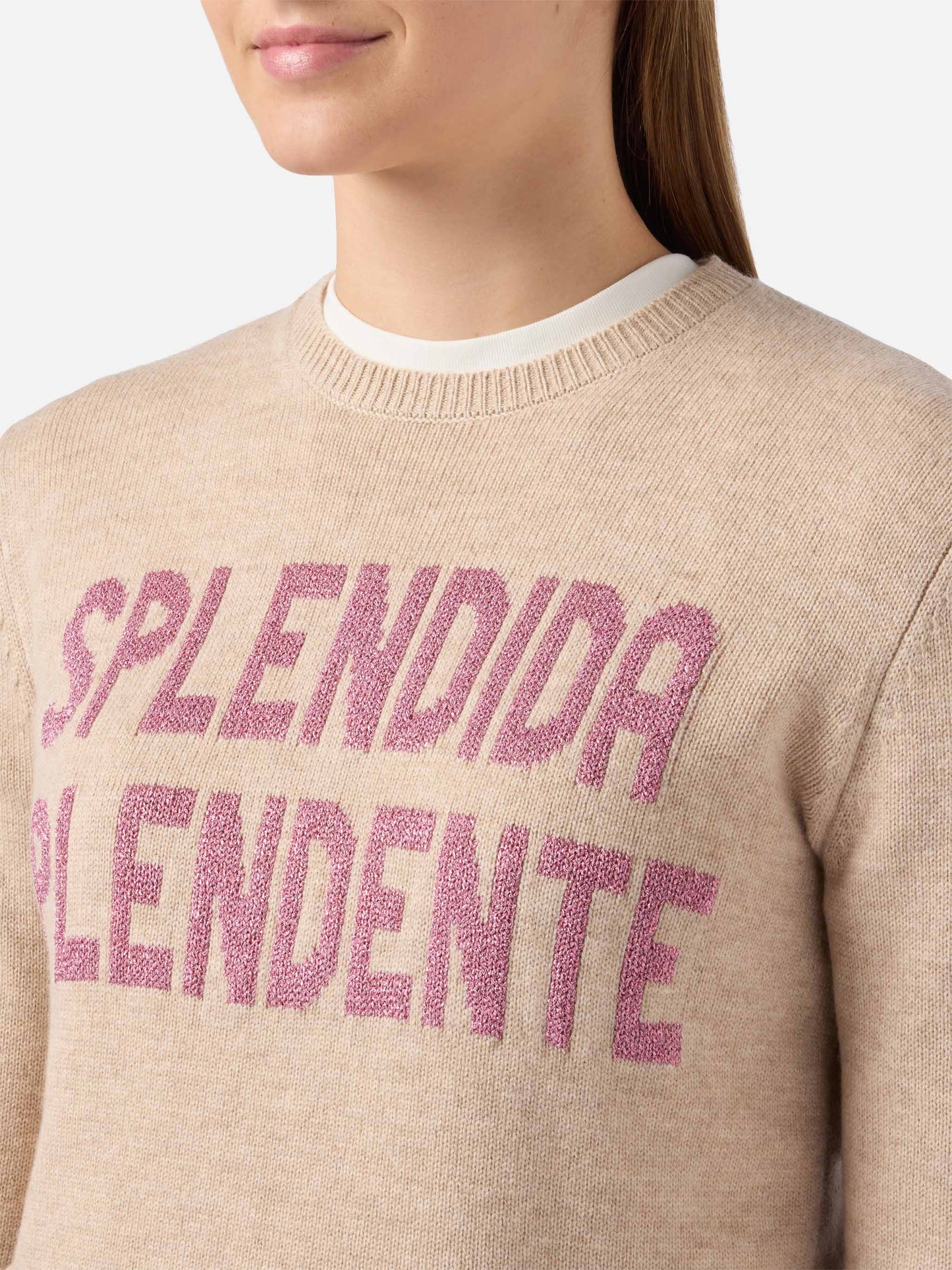 Maglione New Queen in misto cashmere bianco con jacquard lurex Splendida Splendente