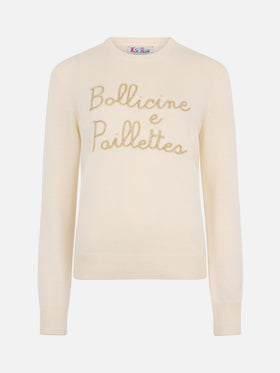 Maglione da donna beige New Queen con ricamo paillettes Bollicine