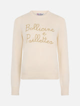 Maglione da donna beige New Queen con ricamo paillettes Bollicine