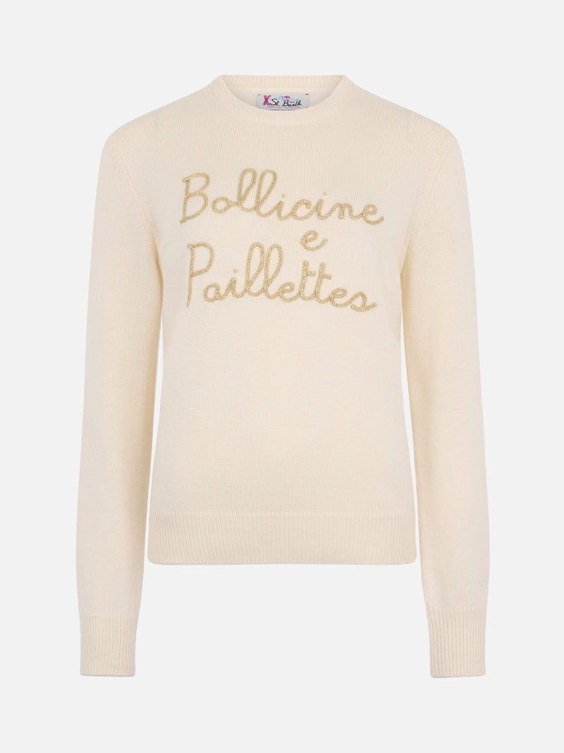 Maglione da donna beige New Queen con ricamo paillettes Bollicine