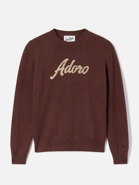 Jersey de punto con cuello redondo Brown New Queen con bordado Adoro de strass 