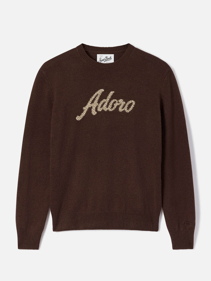 Brown New Queen crewneck knit with Adoro rhinestone embroidery