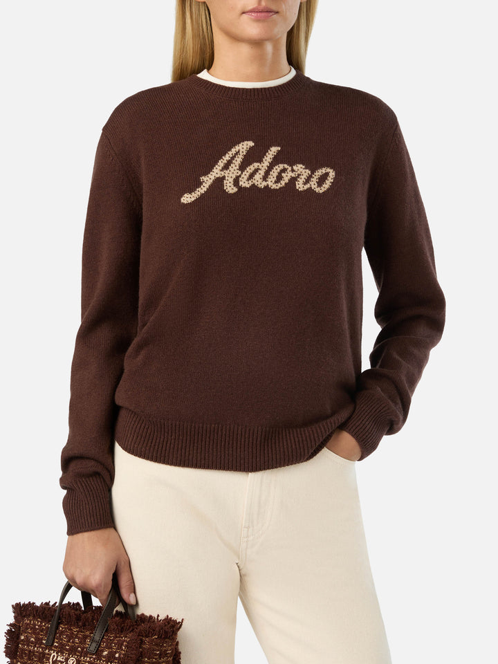 Brown New Queen crewneck knit with Adoro rhinestone embroidery