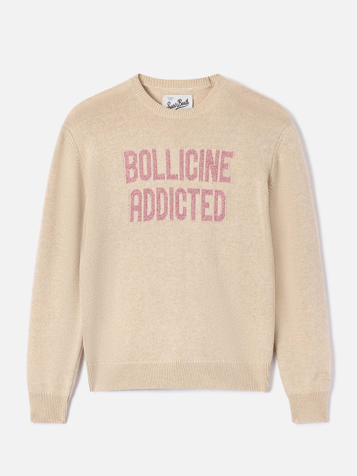 Beige New Queen crewneck knit with Bollicine Addicted lurex embroidery