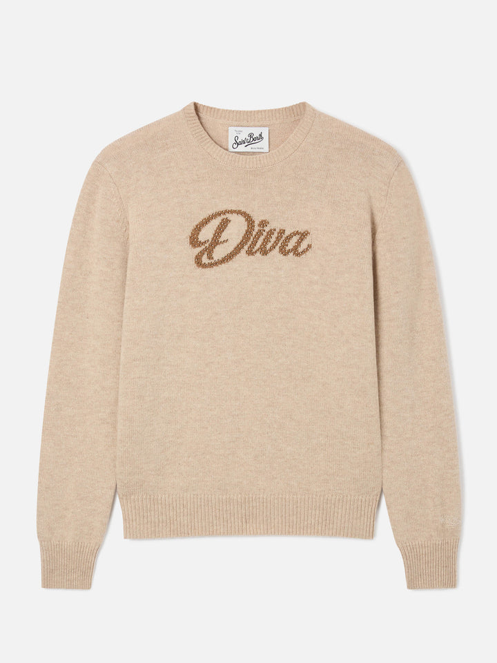 Jersey de punto beige New Queen con cuello redondo y bordado Diva con strass 