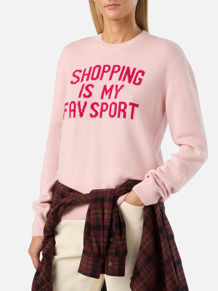 Rosa New Queen Rundhals-Strickpullover mit „Shopping Is My Fav Sport“-Stickerei 