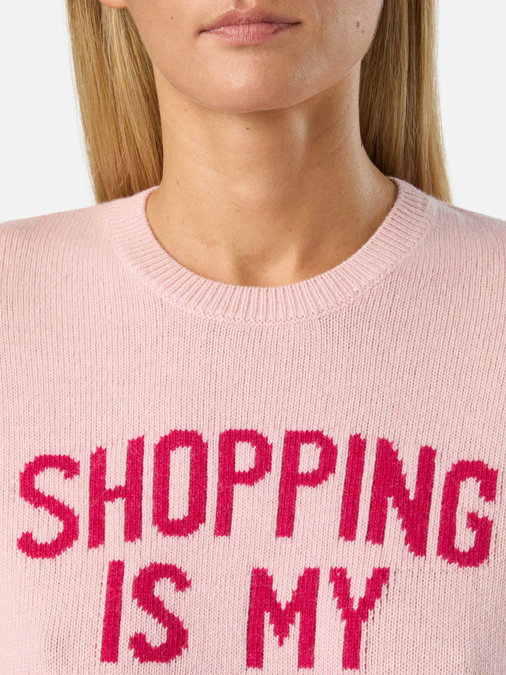 Rosa New Queen Rundhals-Strickpullover mit „Shopping Is My Fav Sport“-Stickerei 