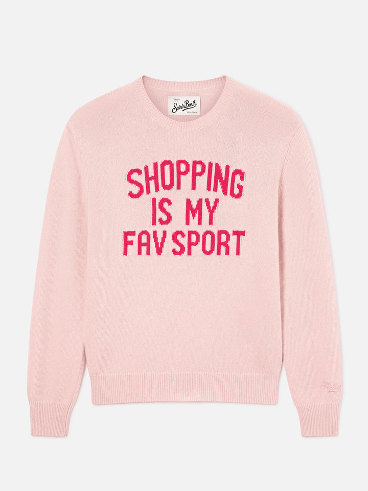 Pull rose New Queen à col rond en maille avec broderie Shopping Is My Fav Sport 