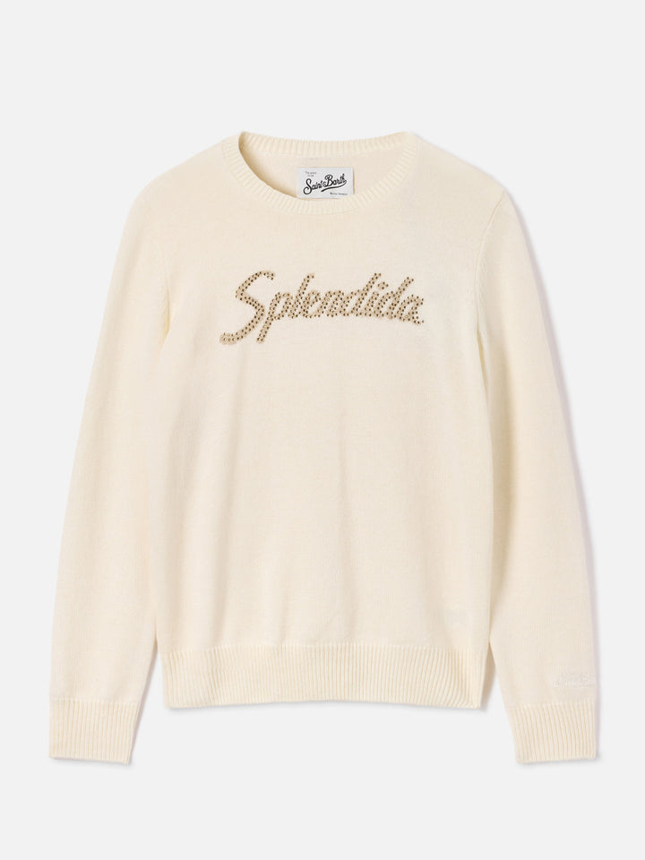 Pull en maille col rond Off white New Queen avec broderie Splendida en strass 