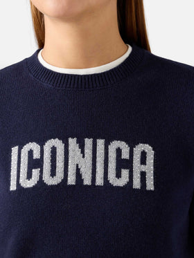 Marineblauer blue New Queen Rundhals-Strickpullover mit Iconica-Strassstickerei 