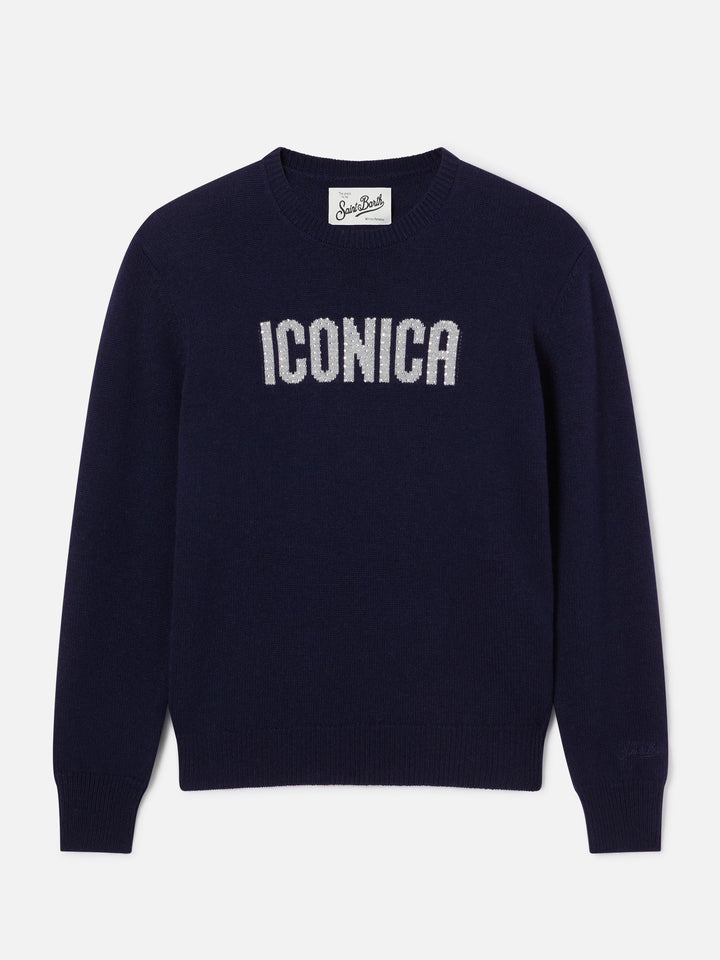 Jersey de punto con cuello redondo Navy blue New Queen con bordado Iconica de strass 