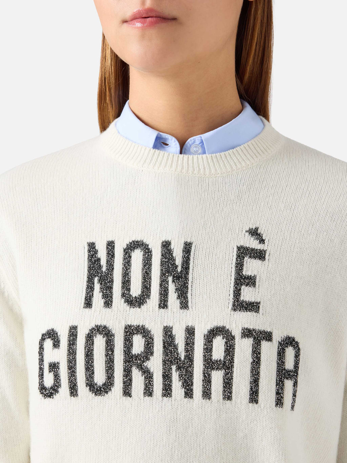Off white New Queen crewneck knit with Non È Giornata lurex embroidery