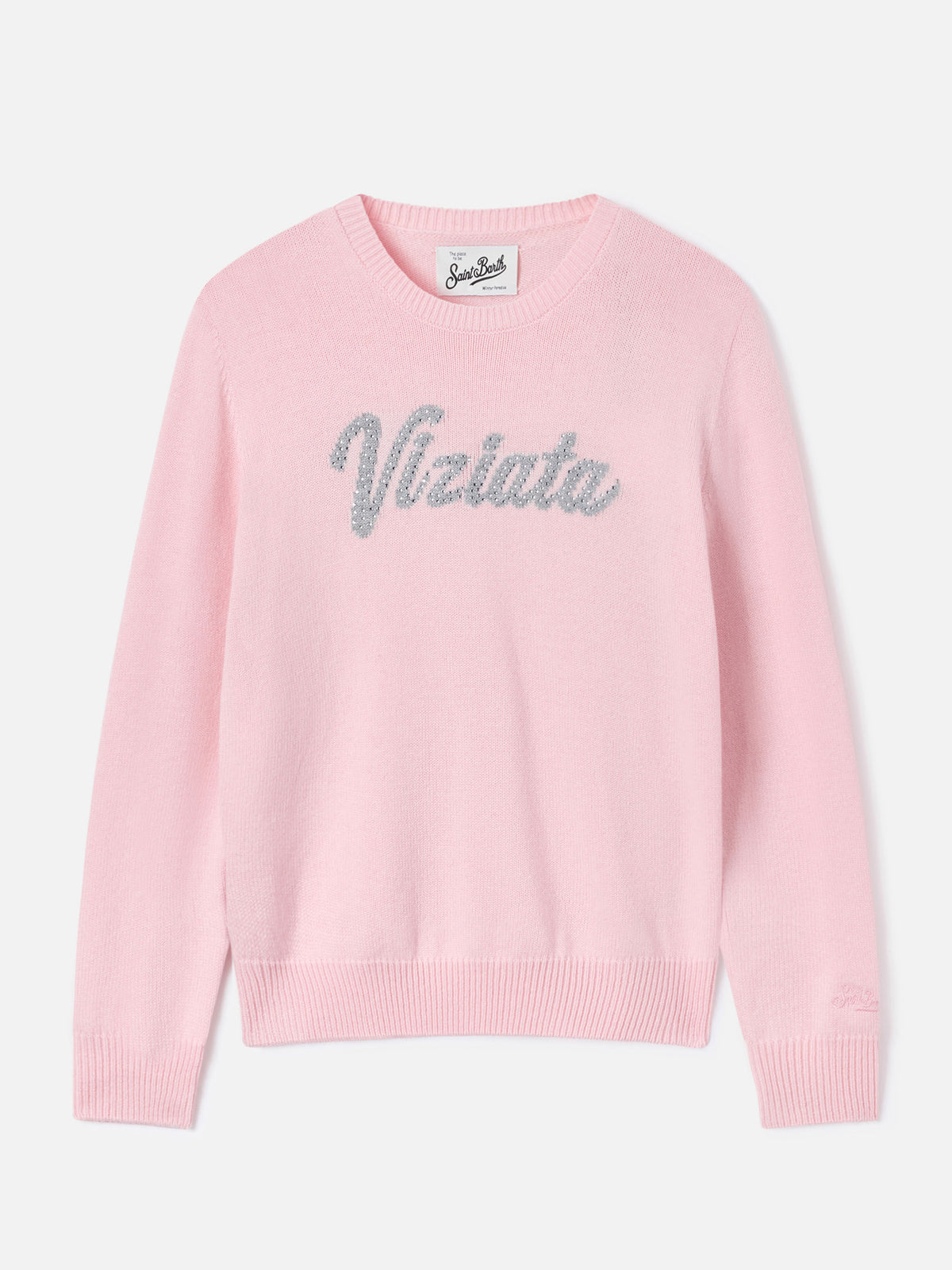 Maglia girocollo New Queen rosa con ricamo Viziata in strass